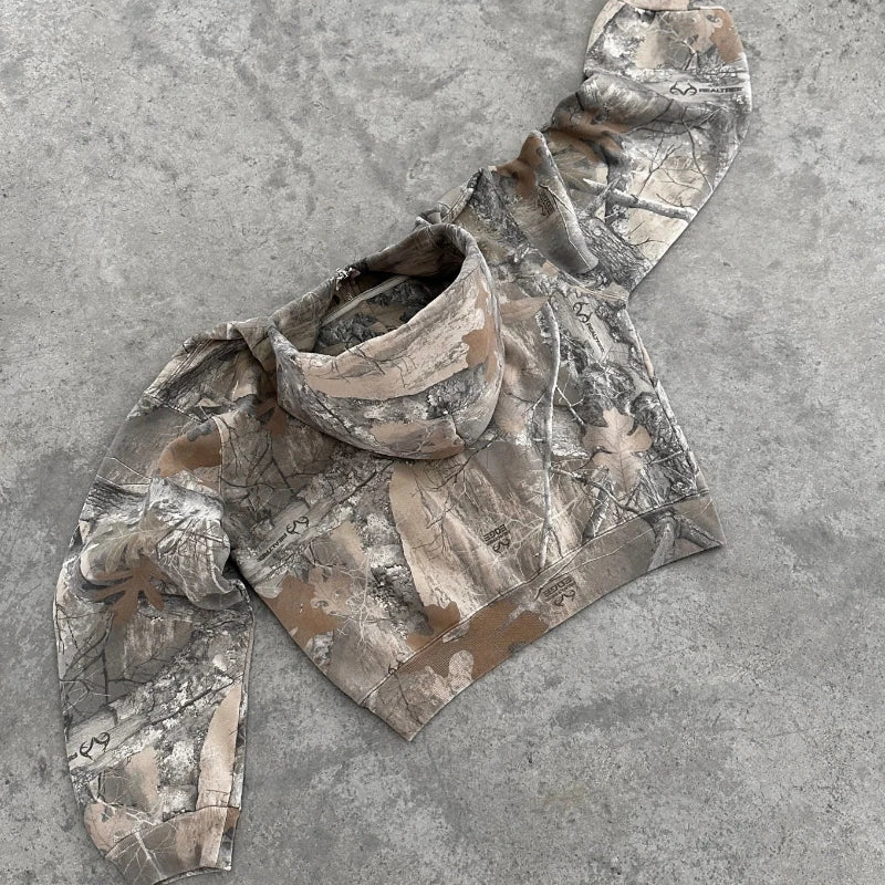 Retro Zip Up Hoodie  Camouflage Pattern