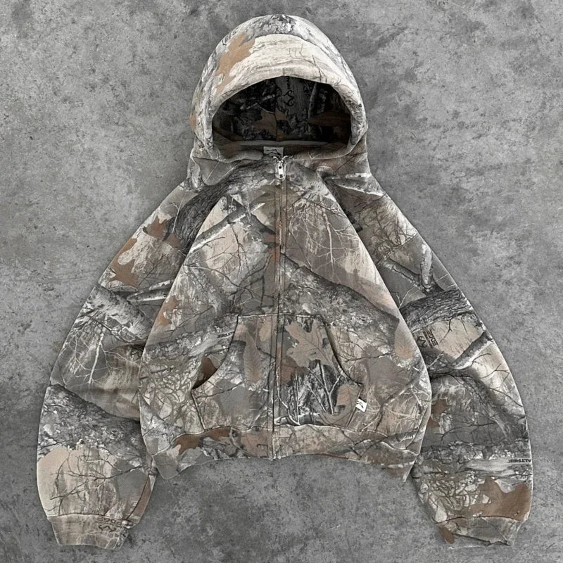 Retro Zip Up Hoodie  Camouflage Pattern