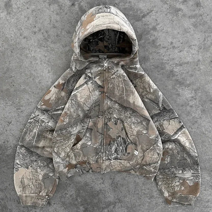 Retro Zip Up Hoodie  Camouflage Pattern