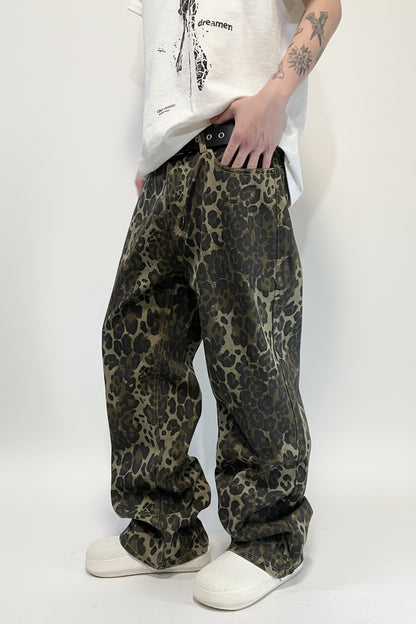 Vintage Leopard Print Baggy Wide Leg Jeans