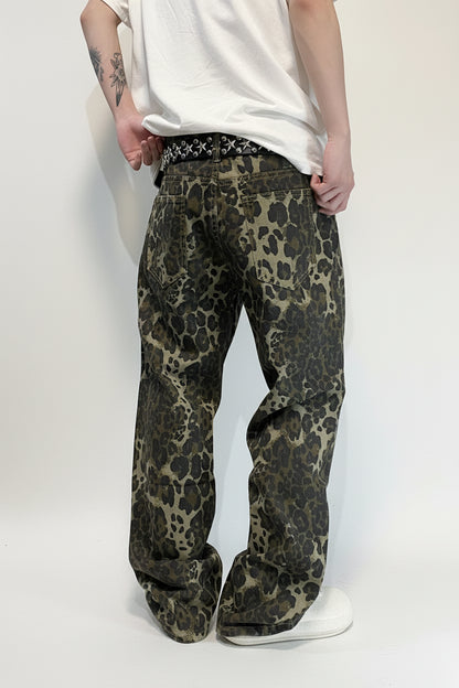 Vintage Leopard Print Baggy Wide Leg Jeans