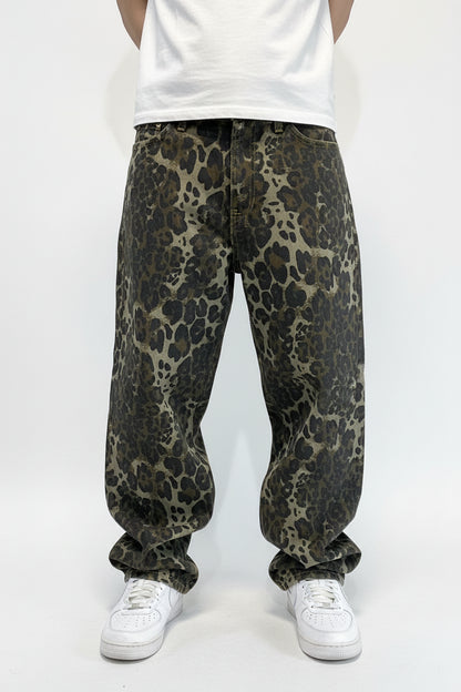 Vintage Leopard Print Baggy Wide Leg Jeans