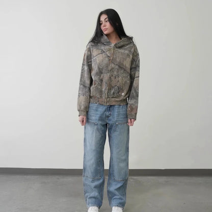 Retro Zip Up Hoodie  Camouflage Pattern