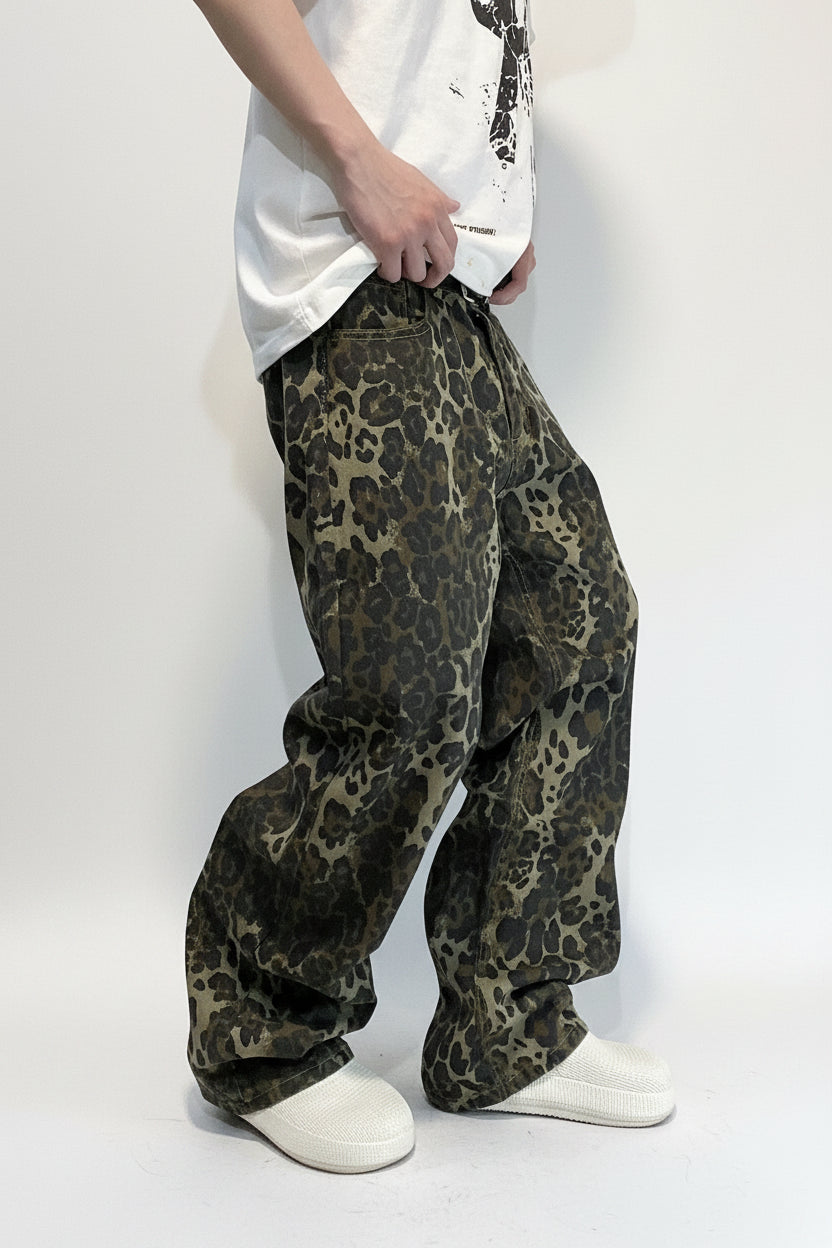 Vintage Leopard Print Baggy Wide Leg Jeans