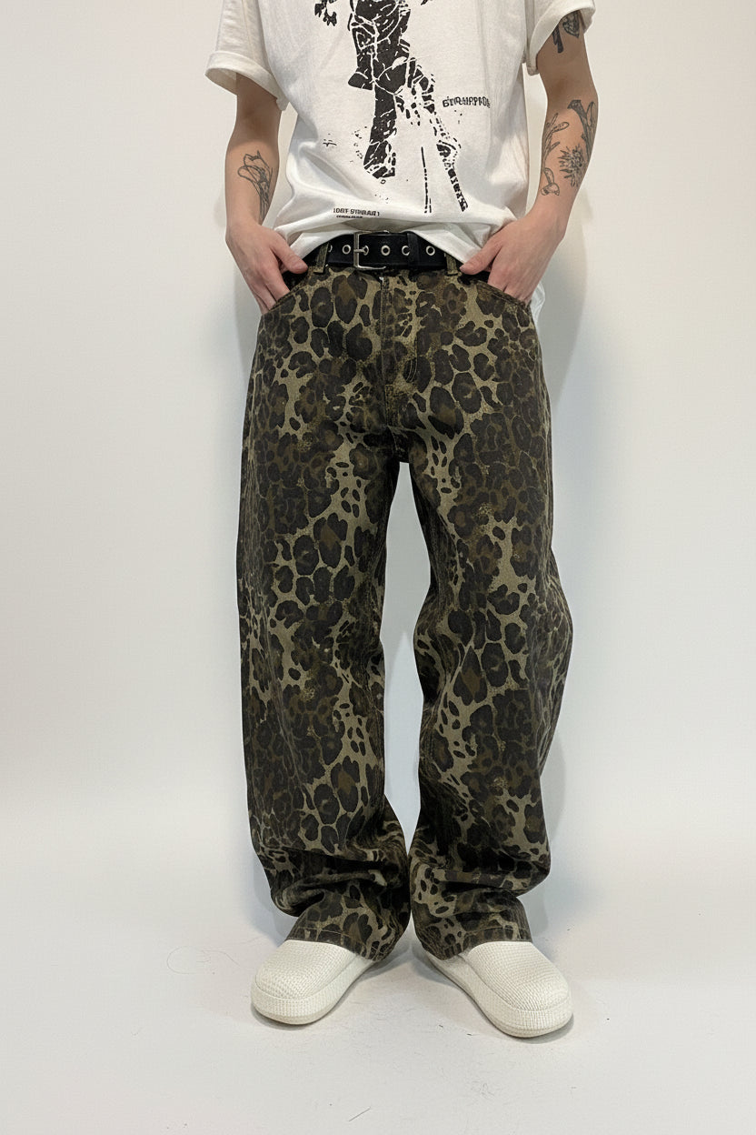 Vintage Leopard Print Baggy Wide Leg Jeans