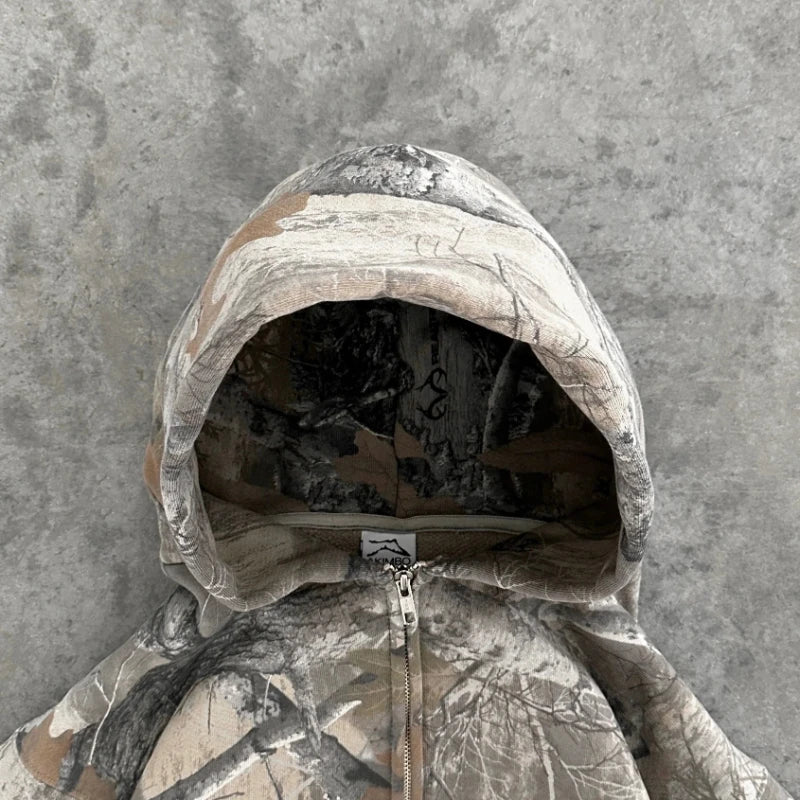 Retro Zip Up Hoodie  Camouflage Pattern