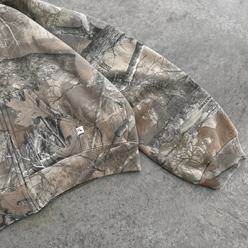 Retro Zip Up Hoodie  Camouflage Pattern
