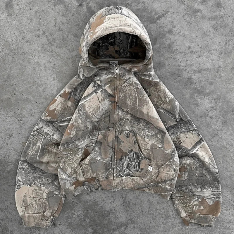 Retro Zip Up Hoodie  Camouflage Pattern